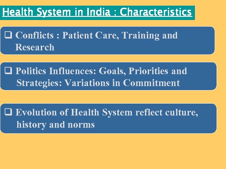 Health System in India : Characteristics q Conflicts : Patient Care, Training and Research