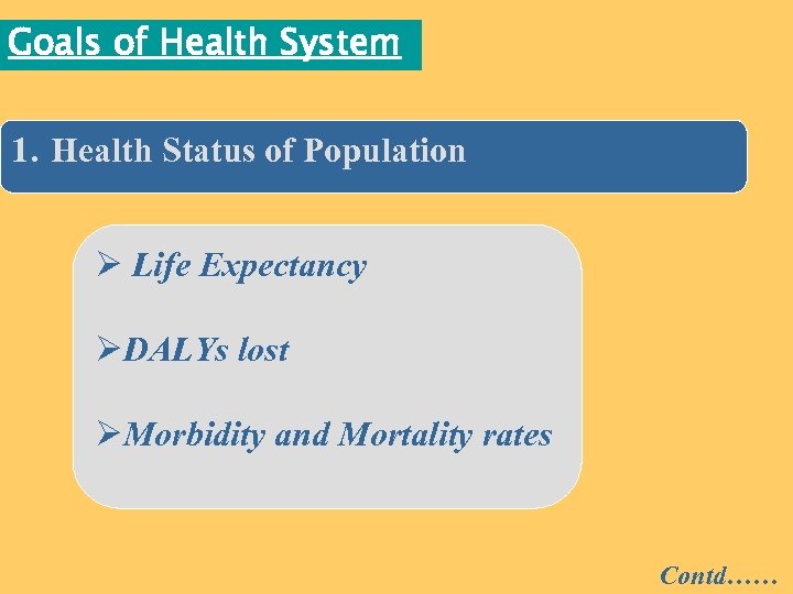 Goals of Health System 1. Health Status of Population Ø Life Expectancy ØDALYs lost