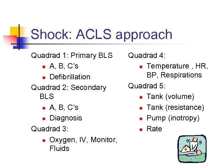 Shock: ACLS approach Quadrad 1: Primary BLS n A, B, C’s n Defibrillation Quadrad