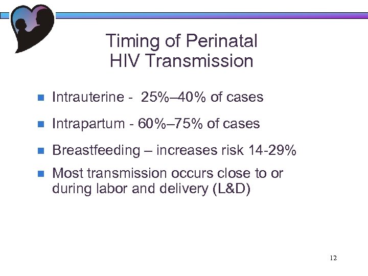 Timing of Perinatal HIV Transmission n Intrauterine - 25%– 40% of cases n Intrapartum