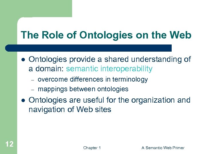 The Role of Ontologies on the Web l Ontologies provide a shared understanding of