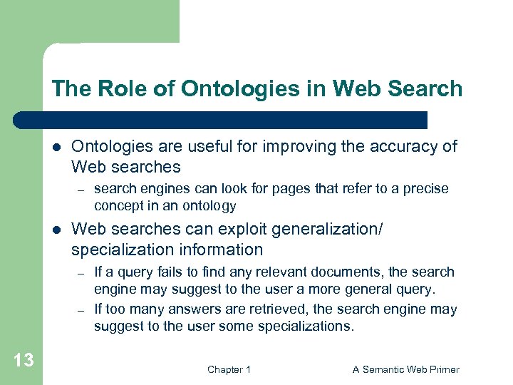 The Role of Ontologies in Web Search l Ontologies are useful for improving the