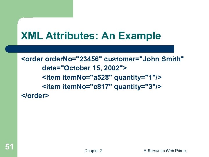 XML Attributes: An Example <order. No="23456" customer="John Smith" date="October 15, 2002"> <item. No="a 528"