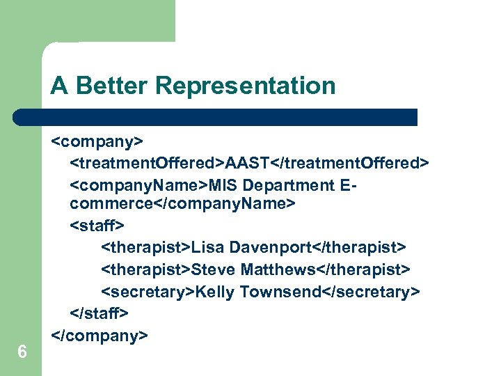 A Better Representation 6 <company> <treatment. Offered>AAST</treatment. Offered> <company. Name>MIS Department Ecommerce</company. Name> <staff>