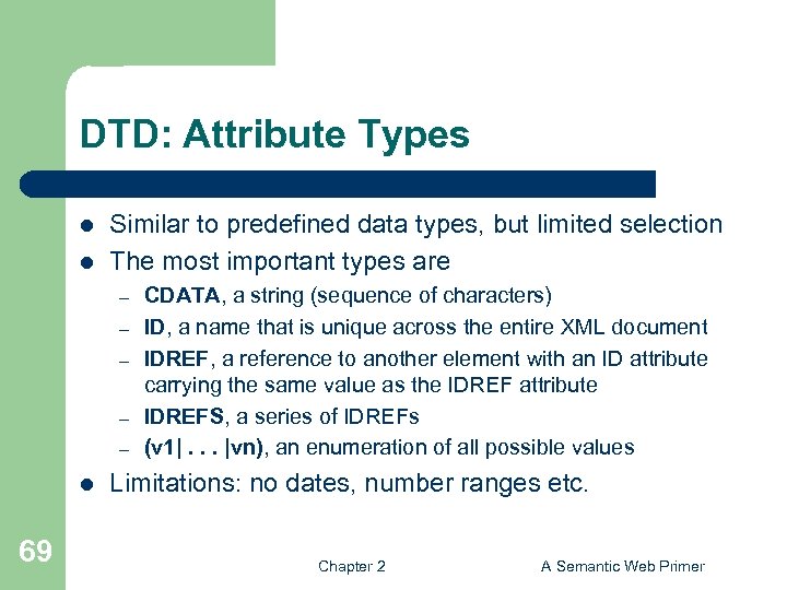 DTD: Attribute Types l l Similar to predefined data types, but limited selection The