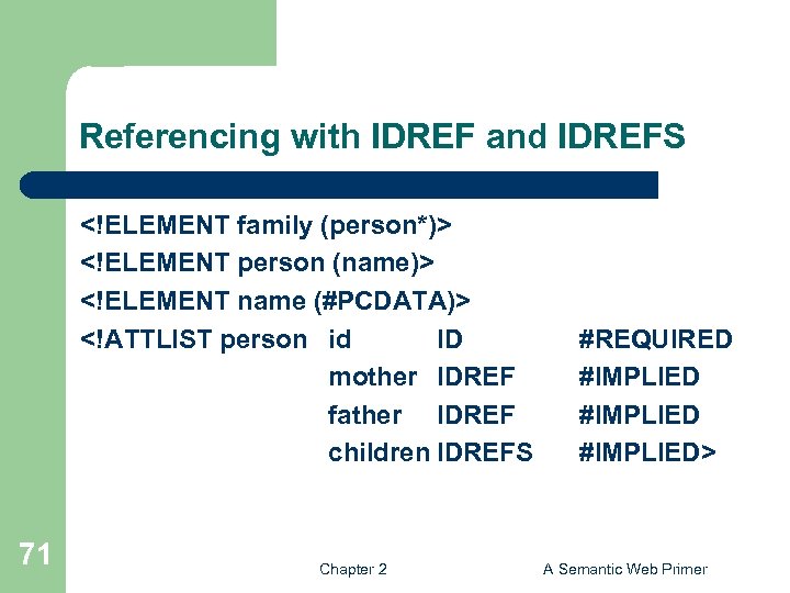 Referencing with IDREF and IDREFS <!ELEMENT family (person*)> <!ELEMENT person (name)> <!ELEMENT name (#PCDATA)>
