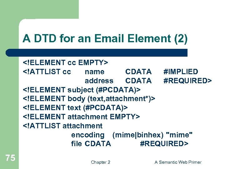 A DTD for an Email Element (2) <!ELEMENT cc EMPTY> <!ATTLIST cc name CDATA