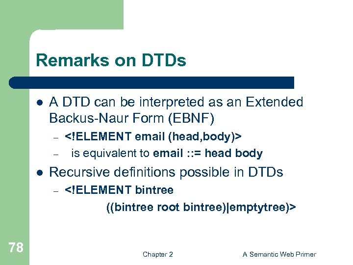 Remarks on DTDs l A DTD can be interpreted as an Extended Backus-Naur Form