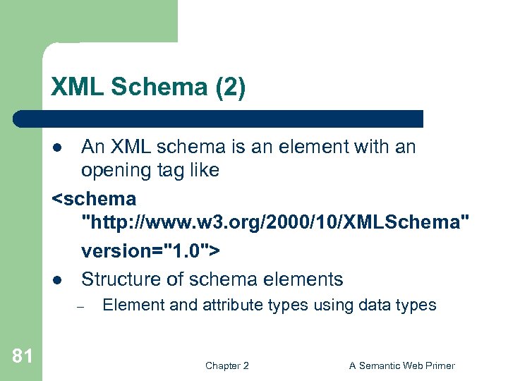 XML Schema (2) An XML schema is an element with an opening tag like