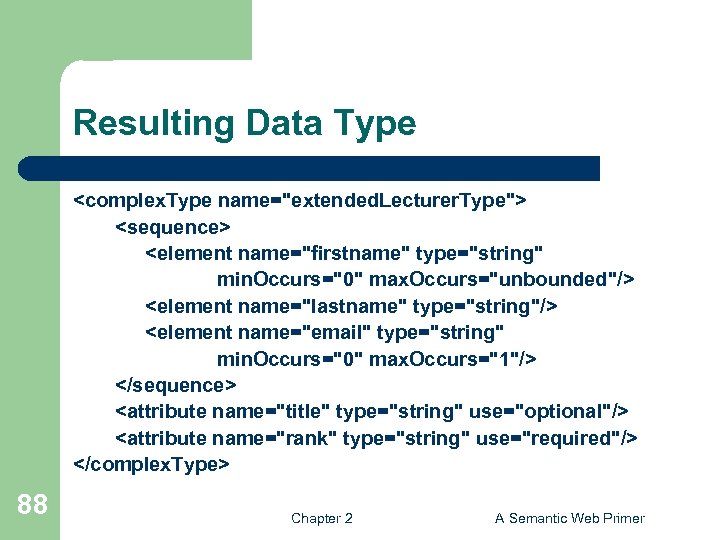 Resulting Data Type <complex. Type name="extended. Lecturer. Type"> <sequence> <element name="firstname" type="string" min. Occurs="0"