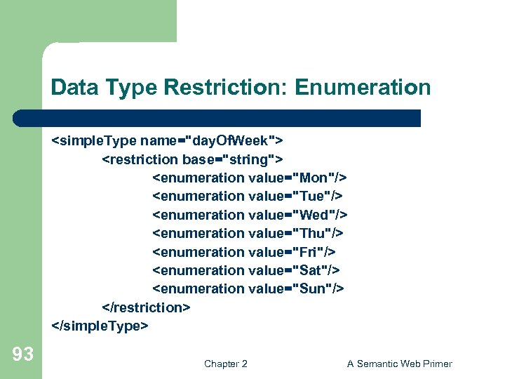 Data Type Restriction: Enumeration <simple. Type name="day. Of. Week"> <restriction base="string"> <enumeration value="Mon"/> <enumeration
