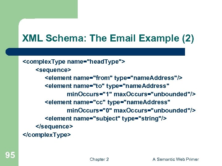 XML Schema: The Email Example (2) <complex. Type name="head. Type"> <sequence> <element name="from" type="name.