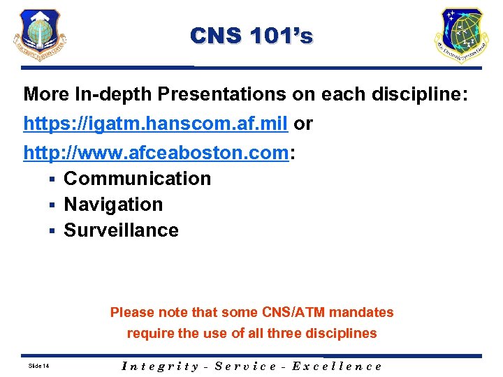 CNS 101’s More In-depth Presentations on each discipline: https: //igatm. hanscom. af. mil or