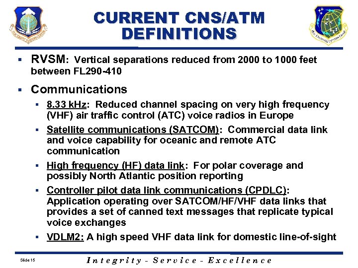 CURRENT CNS/ATM DEFINITIONS § RVSM: Vertical separations reduced from 2000 to 1000 feet between