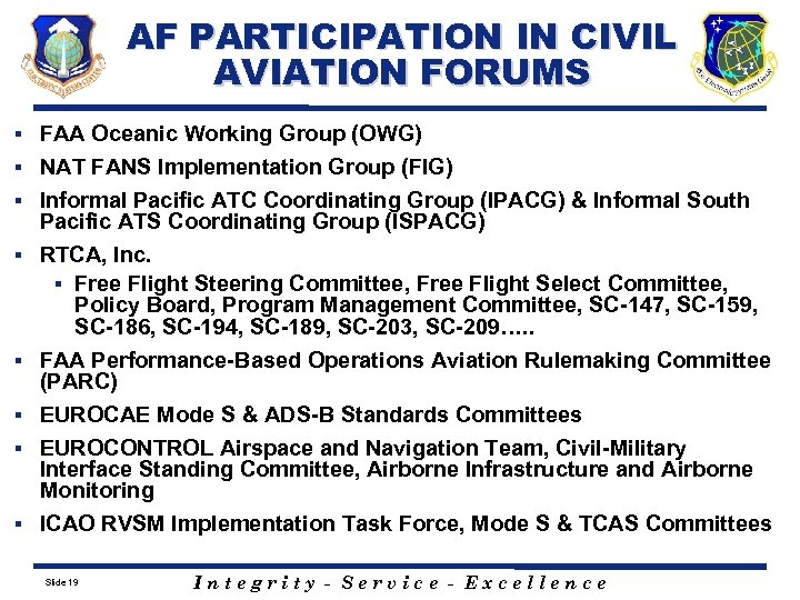 AF PARTICIPATION IN CIVIL AVIATION FORUMS FAA Oceanic Working Group (OWG) § NAT FANS