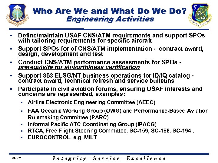 Who Are We and What Do We Do? Engineering Activities § § § Define/maintain