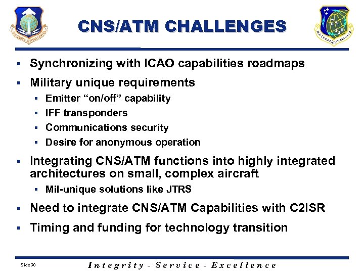 CNS/ATM CHALLENGES § Synchronizing with ICAO capabilities roadmaps § Military unique requirements Emitter “on/off”