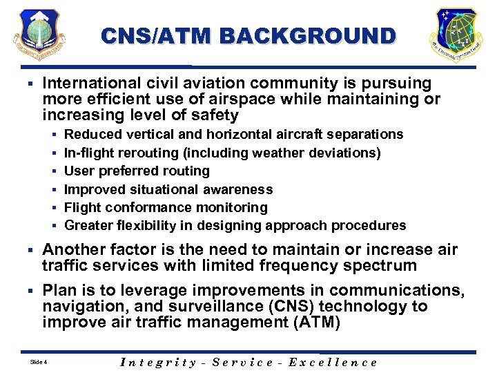 CNS/ATM BACKGROUND § International civil aviation community is pursuing more efficient use of airspace