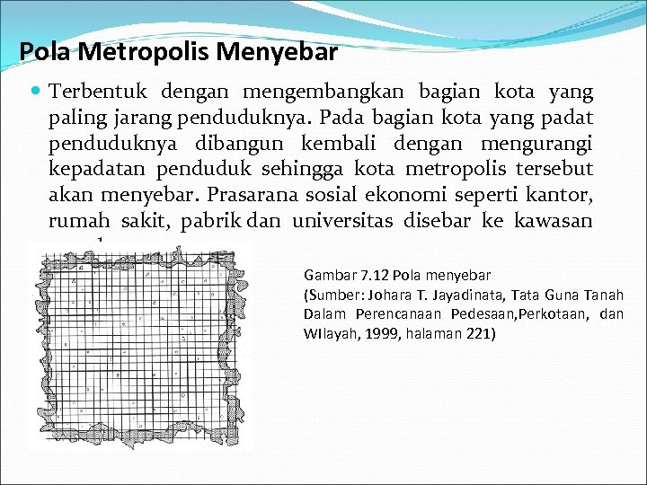 Pola Metropolis Menyebar Terbentuk dengan mengembangkan bagian kota yang paling jarang penduduknya. Pada bagian