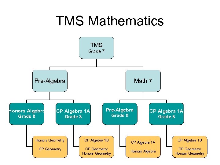 TMS Mathematics TMS Grade 7 Pre-Algebra Math 7 Honors Algebra CP Algebra 1 A