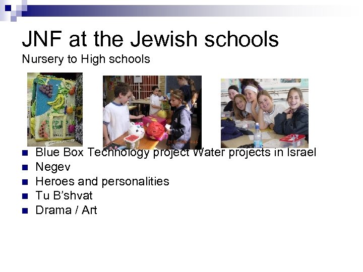 JNF at the Jewish schools Nursery to High schools n n n Blue Box