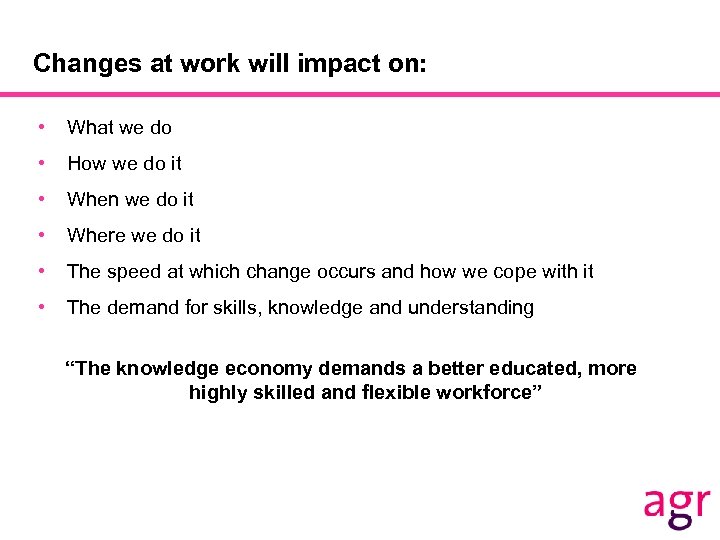 Changes at work will impact on: • What we do • How we do
