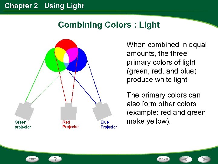 x Chapter 2 Using Light Combining Colors : Light. When combined in equal amounts,
