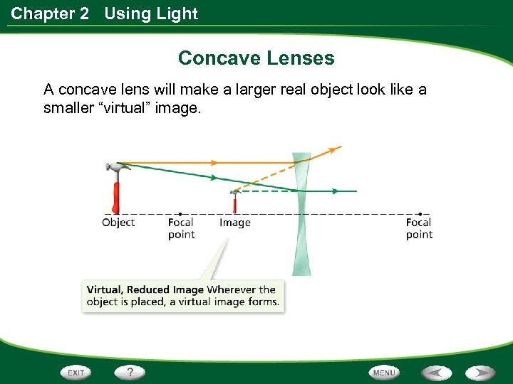 x Chapter 2 Using Light Concave Lenses A concave lens will make a larger