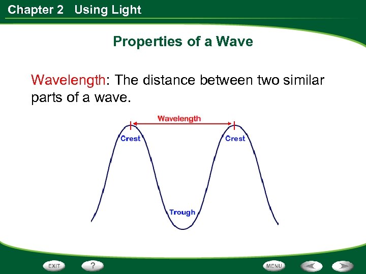 x Chapter 2 Using Light Properties of a Wavelength: The distance between two similar