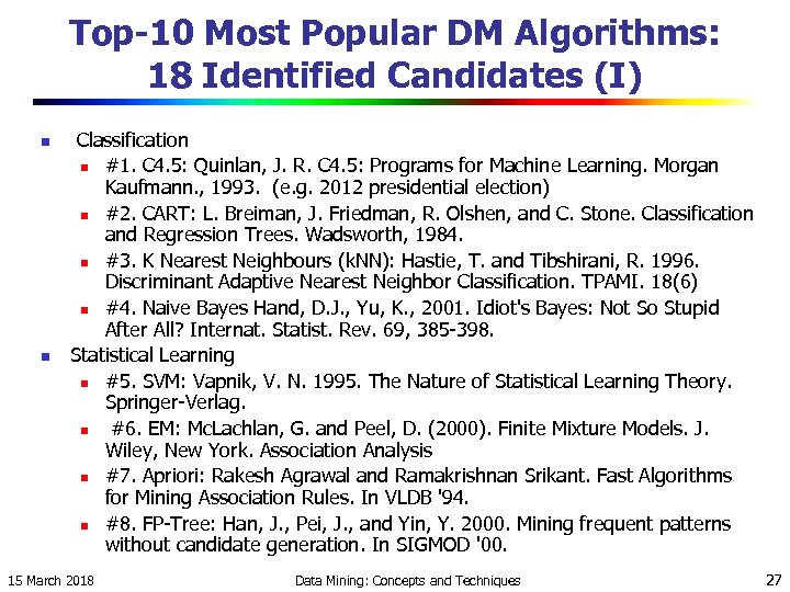 Top-10 Most Popular DM Algorithms: 18 Identified Candidates (I) n n Classification n #1.