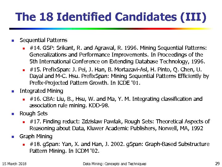 The 18 Identified Candidates (III) n n Sequential Patterns n #14. GSP: Srikant, R.