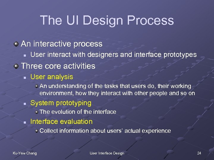 The UI Design Process An interactive process n User interact with designers and interface