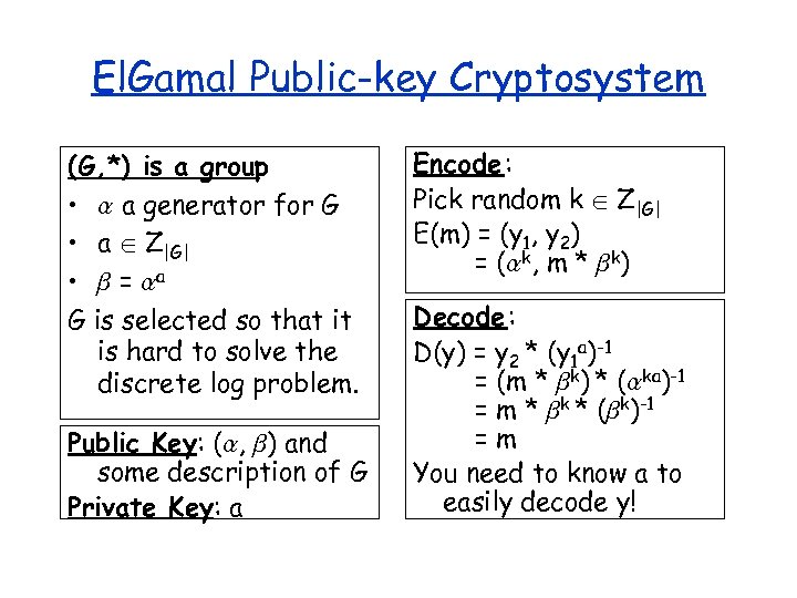 El. Gamal Public-key Cryptosystem (G, *) is a group • a generator for G