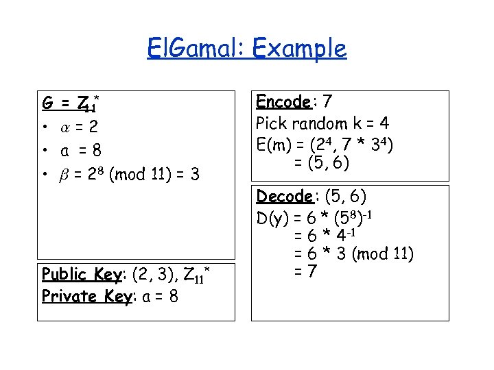 El. Gamal: Example G • • • = Z* 11 =2 a =8 =