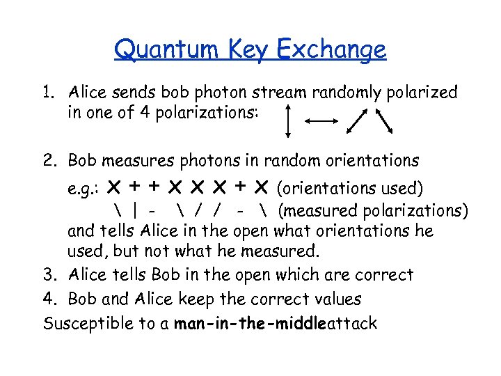 Quantum Key Exchange 1. Alice sends bob photon stream randomly polarized in one of