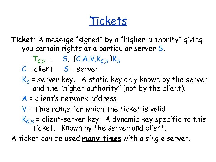 Tickets Ticket: A message “signed” by a “higher authority” giving you certain rights at