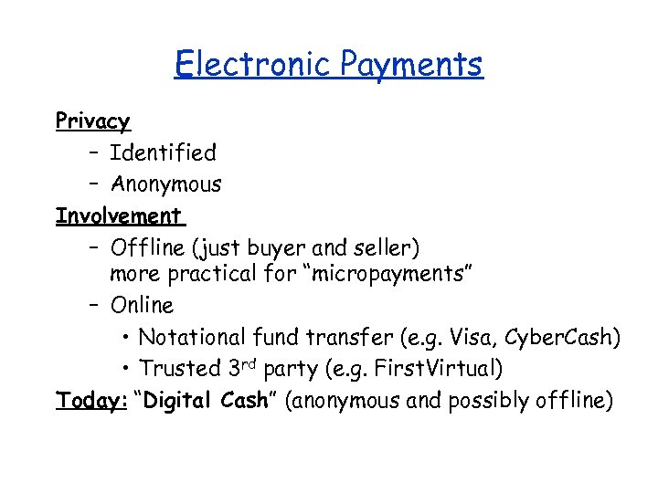 Electronic Payments Privacy – Identified – Anonymous Involvement – Offline (just buyer and seller)