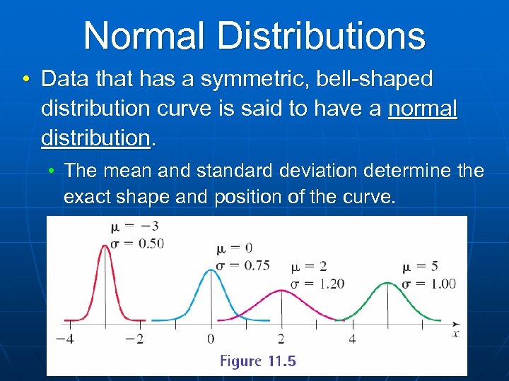 Normal Distributions • Data that has a symmetric, bell-shaped distribution curve is said to