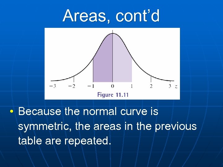 Areas, cont’d • Because the normal curve is symmetric, the areas in the previous