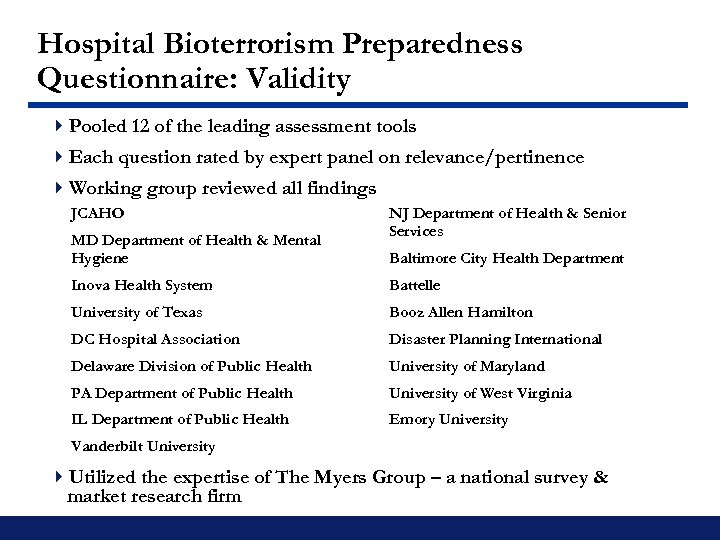 Hospital Bioterrorism Preparedness Questionnaire: Validity 4 Pooled 12 of the leading assessment tools 4