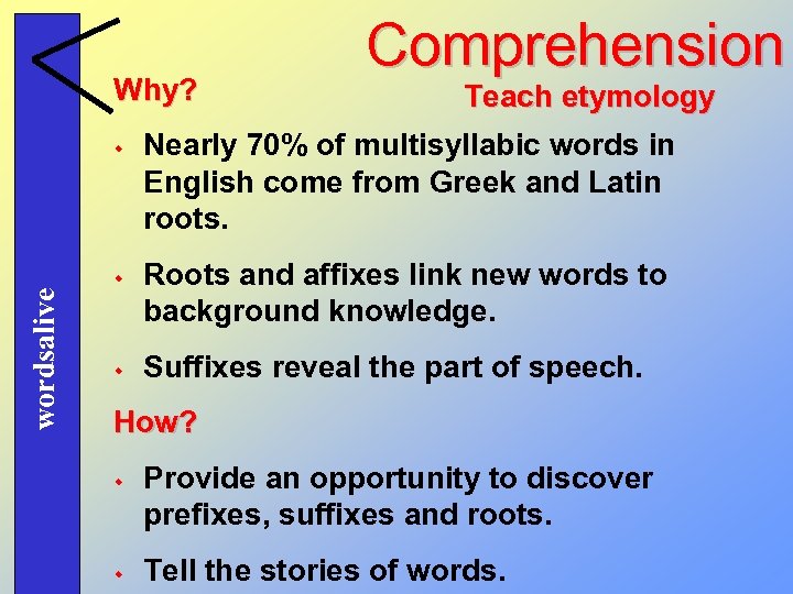 Why? wordsalive w w w Comprehension Teach etymology Nearly 70% of multisyllabic words in