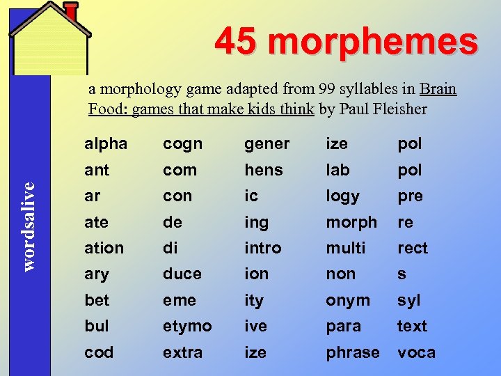 45 morphemes a morphology game adapted from 99 syllables in Brain Food: games that