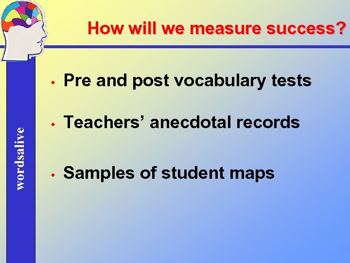 How will we measure success? wordsalive w Pre and post vocabulary tests w Teachers’