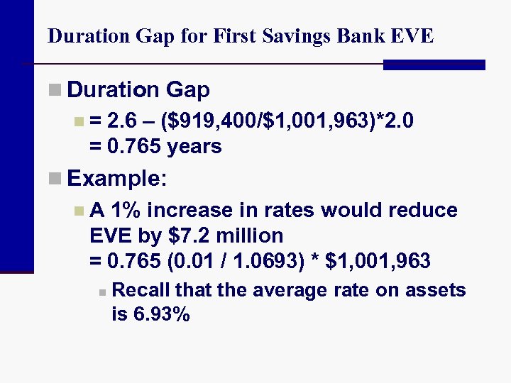 Duration Gap for First Savings Bank EVE n Duration Gap n = 2. 6