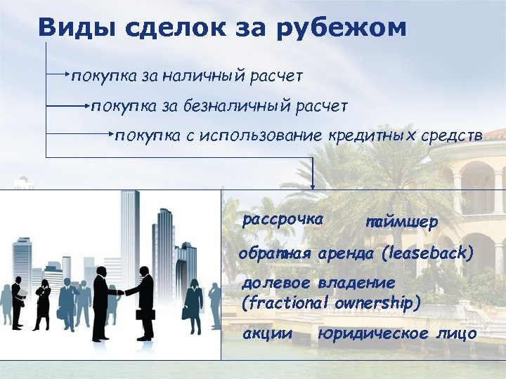 Виды сделок за рубежом покупка за наличный расчет покупка за безналичный расчет покупка с