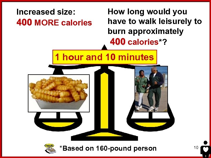 Increased size: 400 MORE calories How long would you have to walk leisurely to