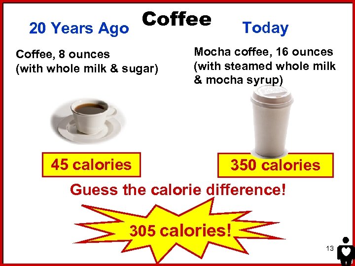 Coffee 20 Years Ago Coffee, 8 ounces (with whole milk & sugar) 45 calories