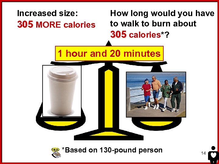 Increased size: 305 MORE calories How long would you have to walk to burn