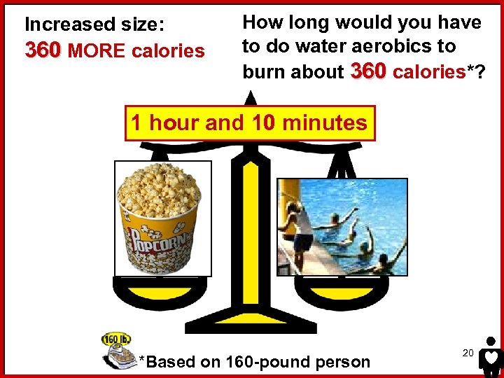 Increased size: 360 MORE calories How long would you have to do water aerobics