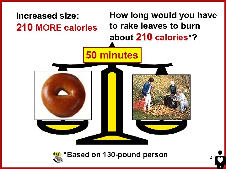 Increased size: 210 MORE calories How long would you have to rake leaves to